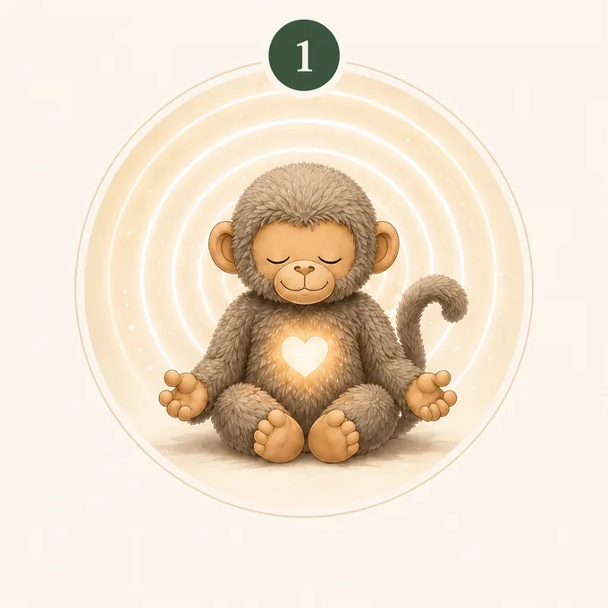 Monky sits calmly with a softly glowing heart, sending a slow rhythm outward.