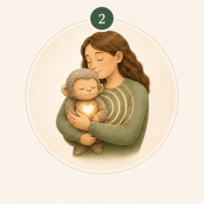 A person holds Monky to their chest as the gentle rhythm moves into the body.