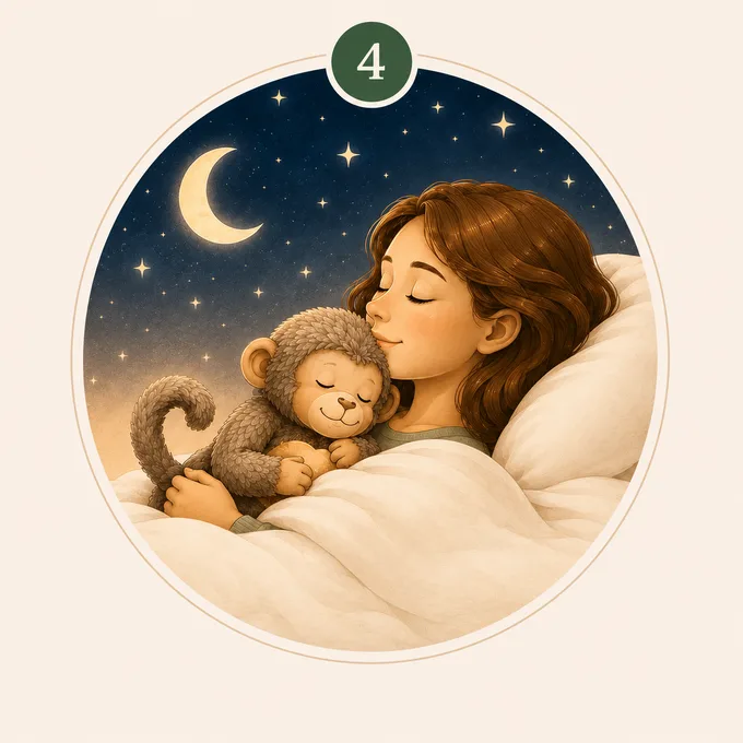 A person and Monky sleep peacefully beneath a crescent moon and stars.